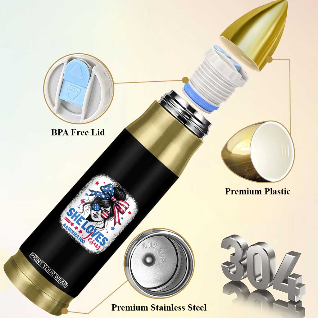 She Loves Jesus And America Too Bullet Tumbler Christian 4th of July Messy Bun Flag TS10 Print Your Wear