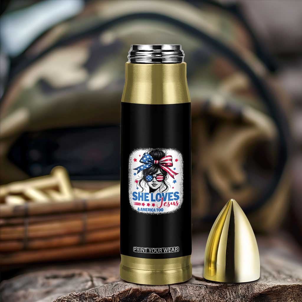 She Loves Jesus And America Too Bullet Tumbler Christian 4th of July Messy Bun Flag TS10 Print Your Wear