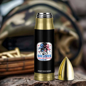She Loves Jesus And America Too Bullet Tumbler Christian 4th of July Messy Bun Flag TS10 Print Your Wear