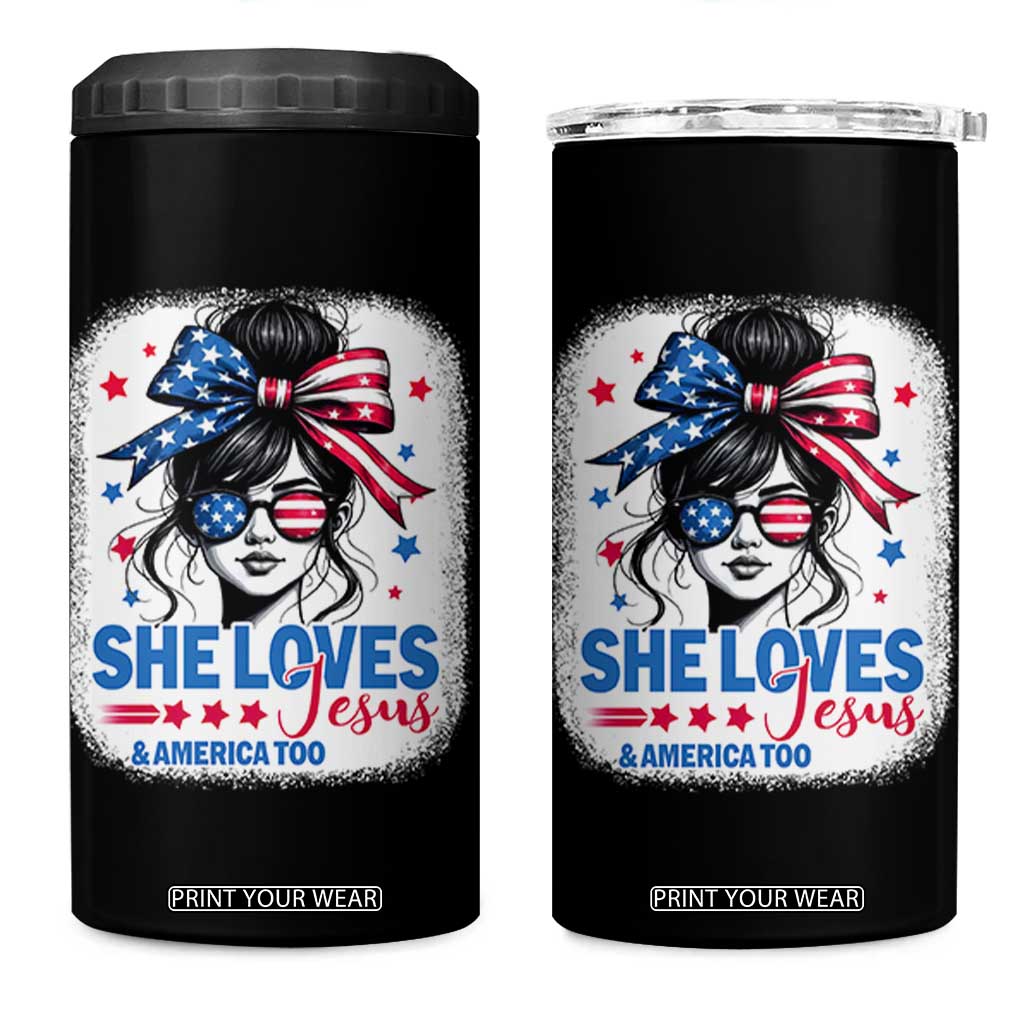 She Loves Jesus And America Too 4 in 1 Can Cooler Tumbler Christian 4th of July Messy Bun Flag TS10 One Size: 16 oz Black Print Your Wear