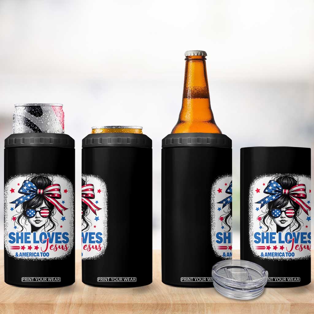 She Loves Jesus And America Too 4 in 1 Can Cooler Tumbler Christian 4th of July Messy Bun Flag TS10 Print Your Wear