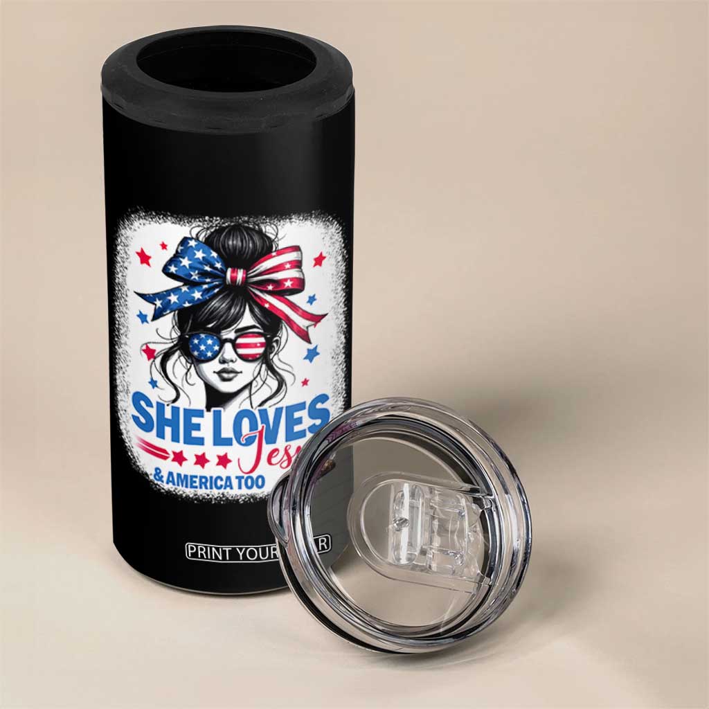She Loves Jesus And America Too 4 in 1 Can Cooler Tumbler Christian 4th of July Messy Bun Flag TS10 Print Your Wear