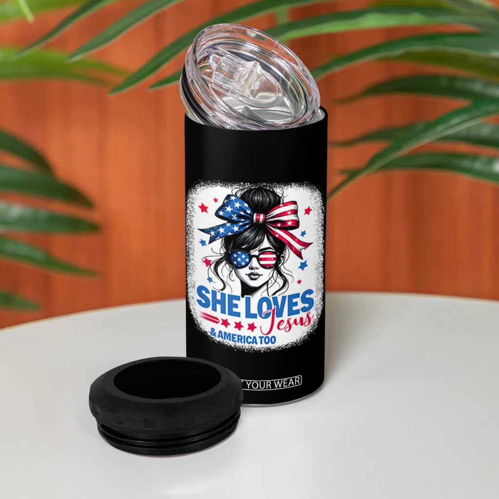 She Loves Jesus And America Too 4 in 1 Can Cooler Tumbler Christian 4th of July Messy Bun Flag TS10 Print Your Wear