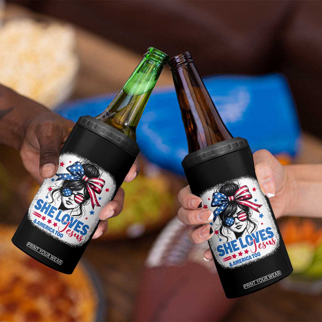 She Loves Jesus And America Too 4 in 1 Can Cooler Tumbler Christian 4th of July Messy Bun Flag TS10 Print Your Wear