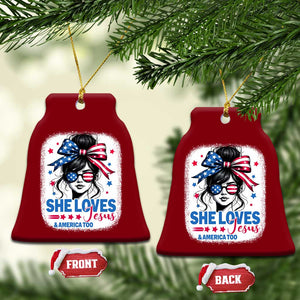She Loves Jesus And America Too Ceramic Ornament Christian 4th of July Messy Bun Flag TS10 Print Your Wear