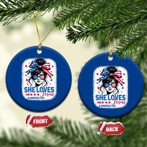 She Loves Jesus And America Too Ceramic Ornament Christian 4th of July Messy Bun Flag TS10 1pc Blue Print Your Wear