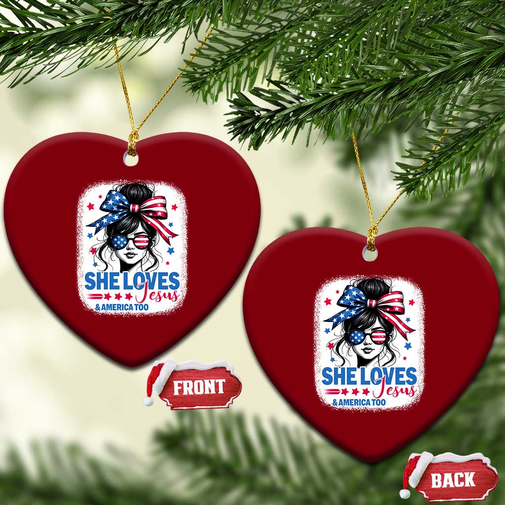 She Loves Jesus And America Too Ceramic Ornament Christian 4th of July Messy Bun Flag TS10 Print Your Wear