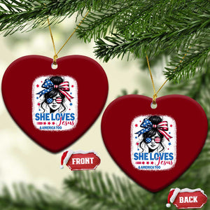 She Loves Jesus And America Too Ceramic Ornament Christian 4th of July Messy Bun Flag TS10 Print Your Wear