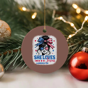 She Loves Jesus And America Too Ceramic Ornament Christian 4th of July Messy Bun Flag TS10 1pc Mocha Print Your Wear