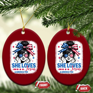She Loves Jesus And America Too Ceramic Ornament Christian 4th of July Messy Bun Flag TS10 Print Your Wear