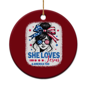 She Loves Jesus And America Too Ceramic Ornament Christian 4th of July Messy Bun Flag TS10 1pc Red Print Your Wear