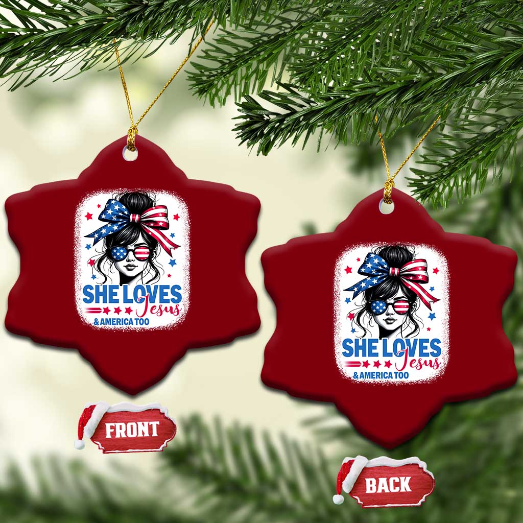 She Loves Jesus And America Too Ceramic Ornament Christian 4th of July Messy Bun Flag TS10 Print Your Wear