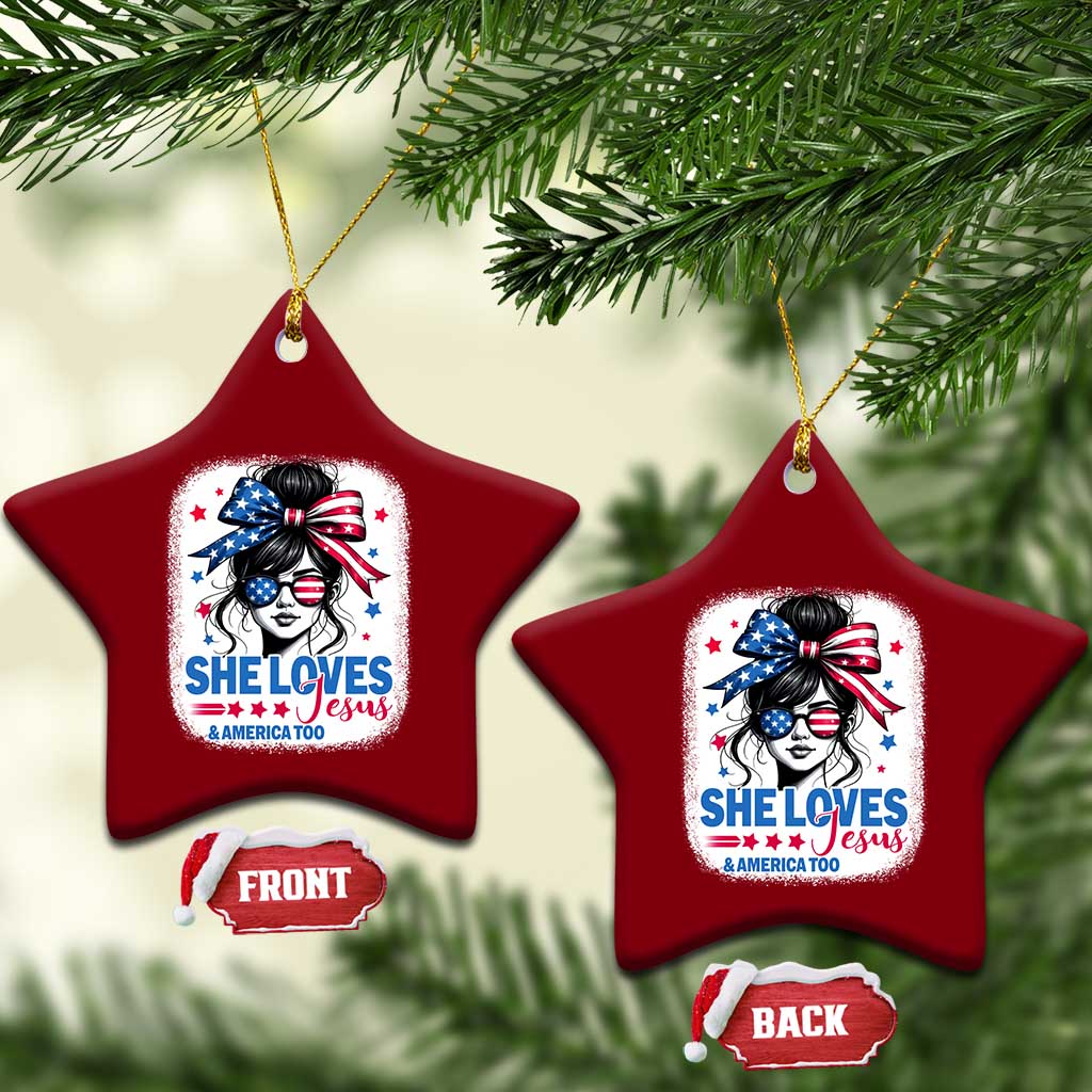 She Loves Jesus And America Too Ceramic Ornament Christian 4th of July Messy Bun Flag TS10 Print Your Wear