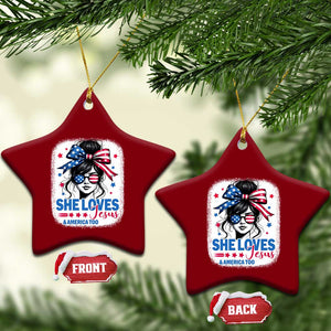 She Loves Jesus And America Too Ceramic Ornament Christian 4th of July Messy Bun Flag TS10 Print Your Wear