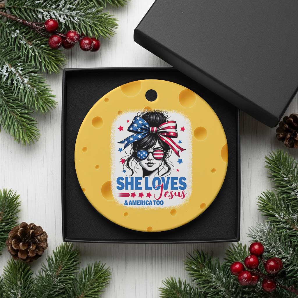 She Loves Jesus And America Too Ceramic Ornament Christian 4th of July Messy Bun Flag TS10 1pc Yellow Cheese Print Your Wear
