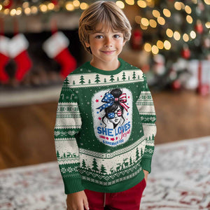 She Loves Jesus And America Too Ugly Christmas Sweater Christian 4th of July Messy Bun Flag TS10 Forest Green Beige Print Your Wear