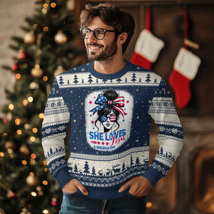 She Loves Jesus And America Too Ugly Christmas Sweater Christian 4th of July Messy Bun Flag TS10 Navy Beige Print Your Wear