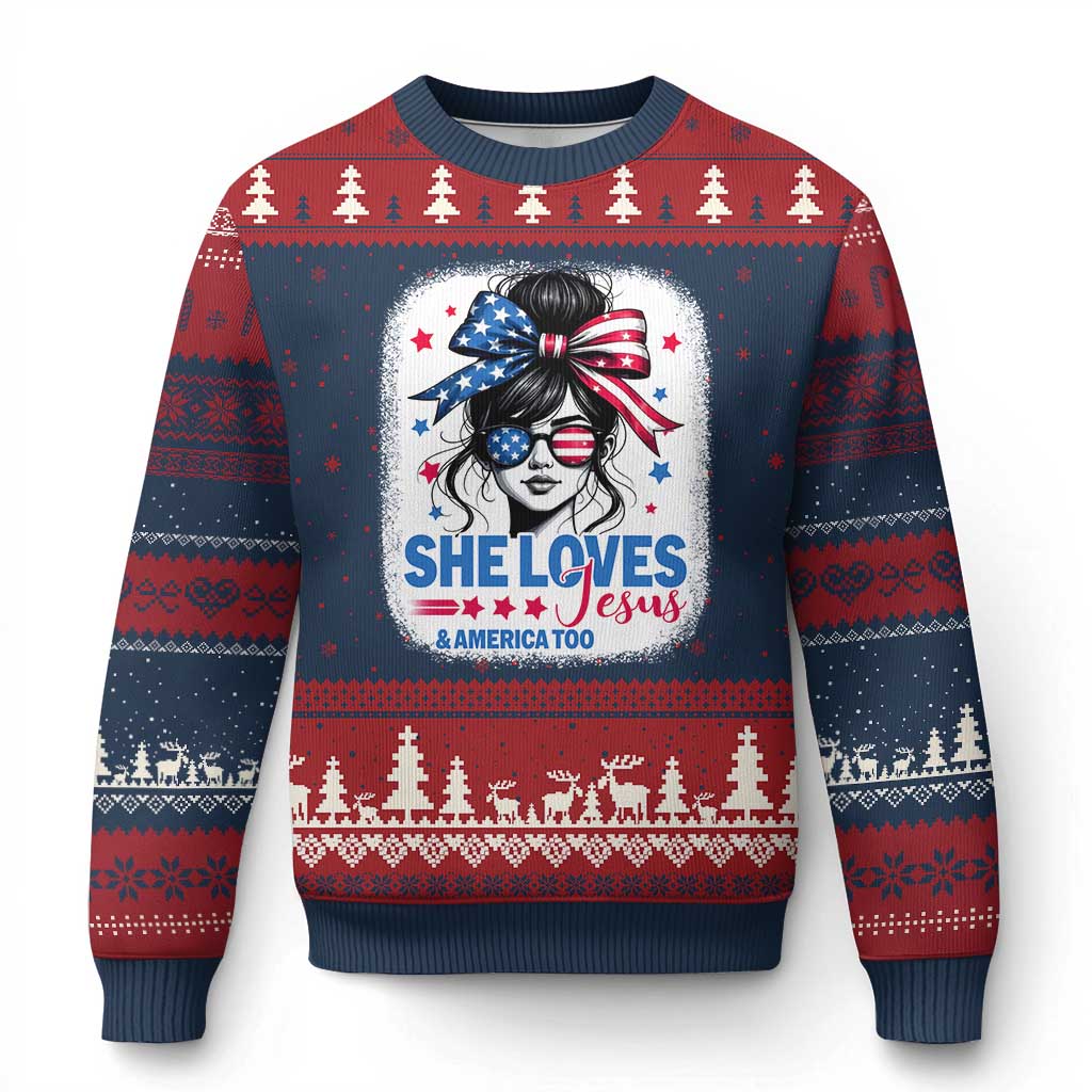 She Loves Jesus And America Too Ugly Christmas Sweater Christian 4th of July Messy Bun Flag TS10 Navy Red Print Your Wear