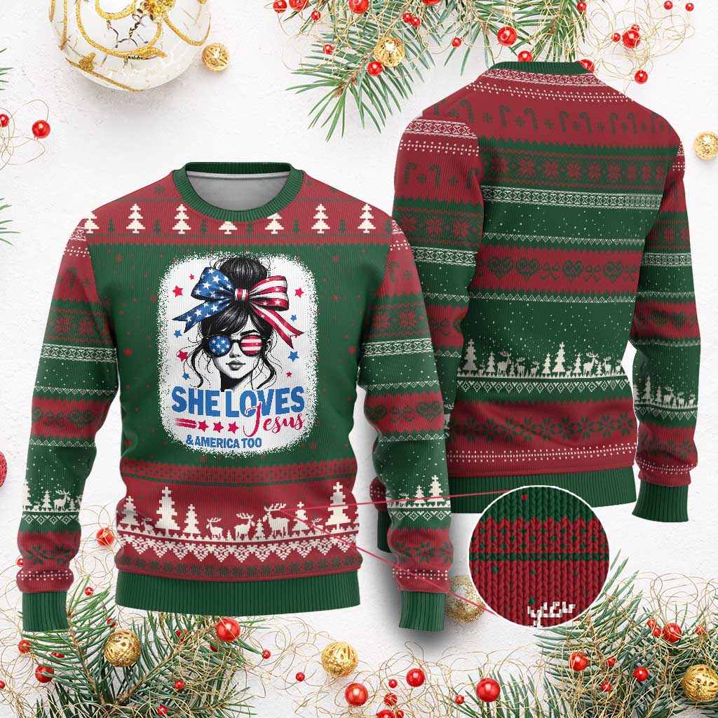 She Loves Jesus And America Too Ugly Christmas Sweater Christian 4th of July Messy Bun Flag TS10 Red Green Print Your Wear