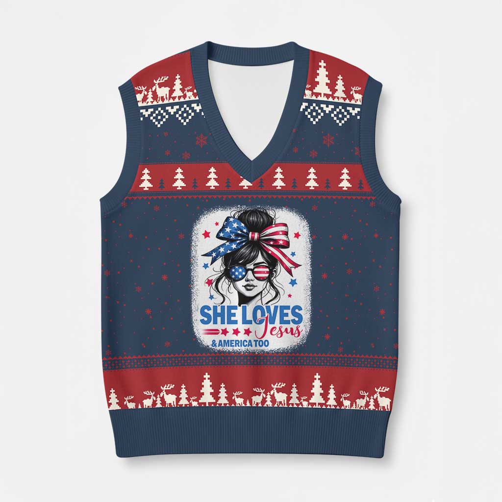 She Loves Jesus And America Too V-Neck Knit Sweater Vest Christian 4th of July Messy Bun Flag TS10 Navy Red Print Your Wear