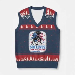 She Loves Jesus And America Too V-Neck Knit Sweater Vest Christian 4th of July Messy Bun Flag TS10 Navy Red Print Your Wear