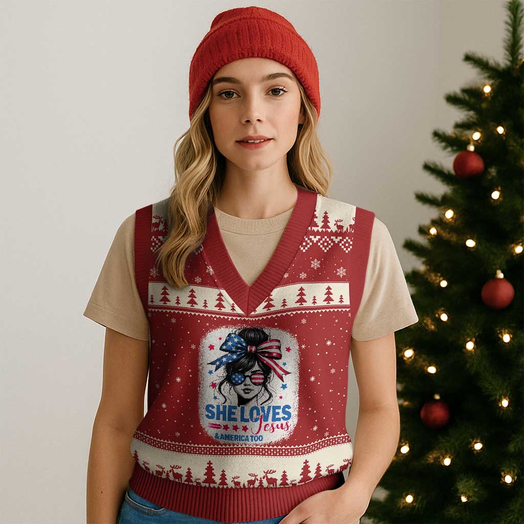 She Loves Jesus And America Too V-Neck Knit Sweater Vest Christian 4th of July Messy Bun Flag TS10 Red Beige Print Your Wear