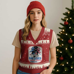 She Loves Jesus And America Too V-Neck Knit Sweater Vest Christian 4th of July Messy Bun Flag TS10 Red Beige Print Your Wear