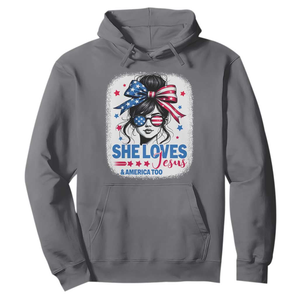She Loves Jesus And America Too Hoodie Christian 4th of July Messy Bun Flag TS10 Charcoal Print Your Wear