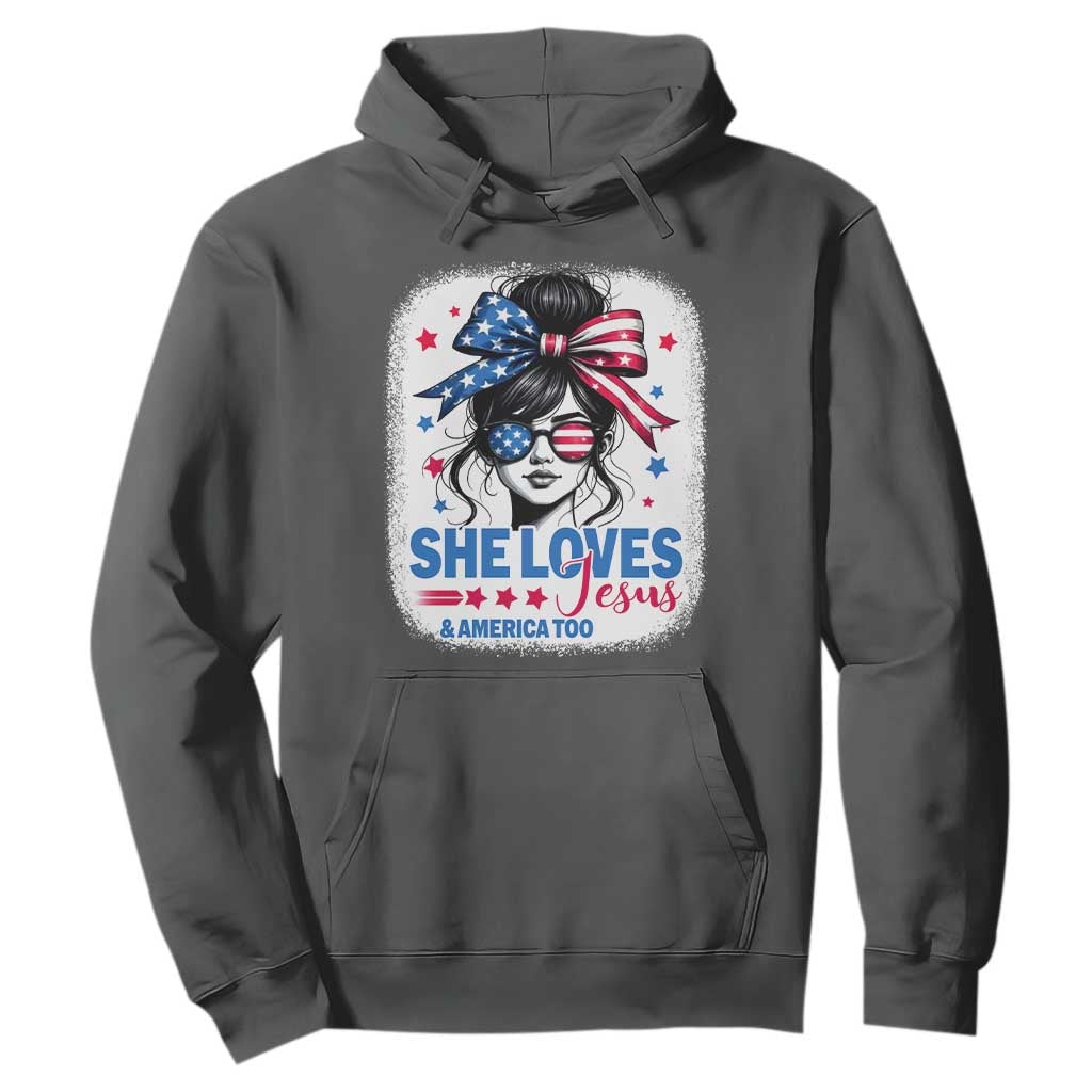 She Loves Jesus And America Too Hoodie Christian 4th of July Messy Bun Flag TS10 Dark Heather Print Your Wear