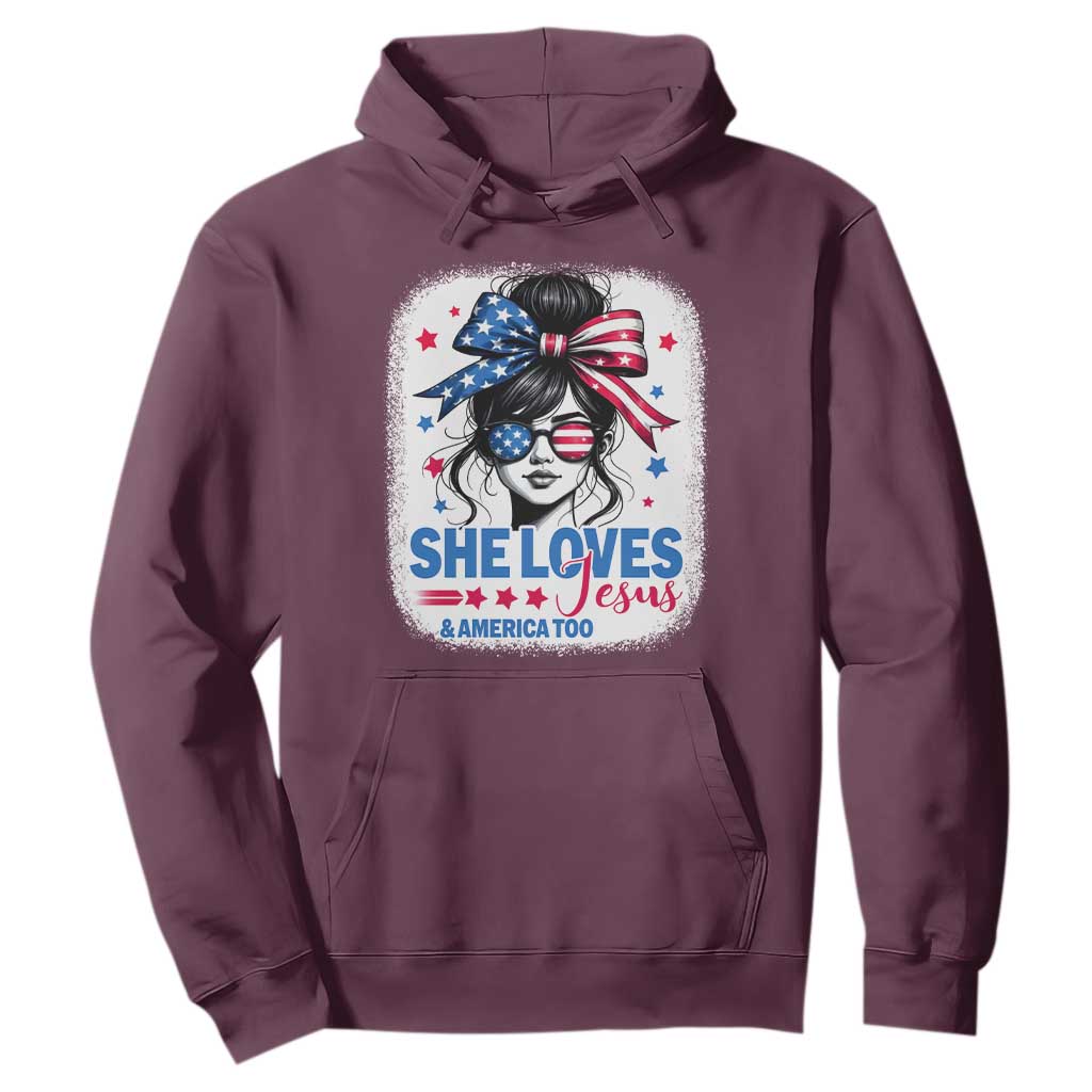 She Loves Jesus And America Too Hoodie Christian 4th of July Messy Bun Flag TS10 Maroon Print Your Wear