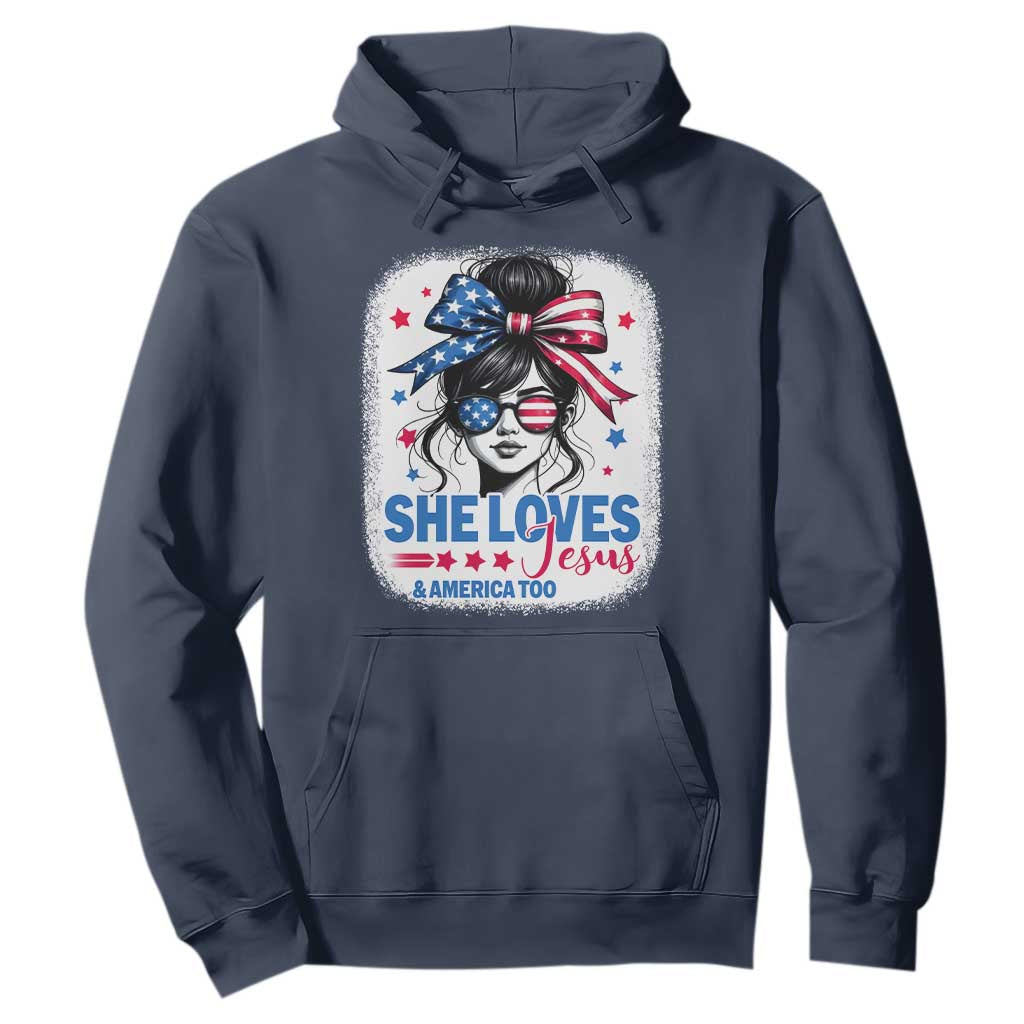 She Loves Jesus And America Too Hoodie Christian 4th of July Messy Bun Flag TS10 Navy Print Your Wear