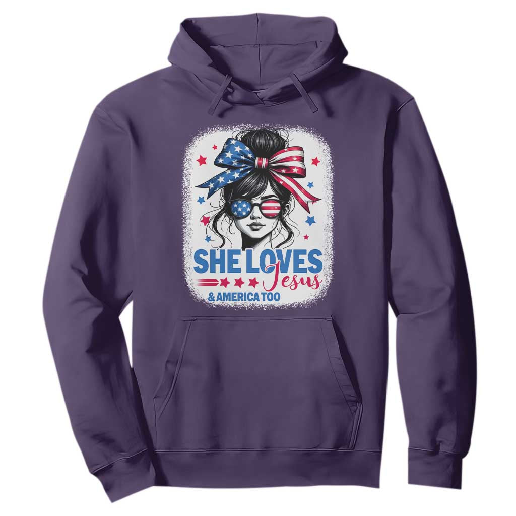 She Loves Jesus And America Too Hoodie Christian 4th of July Messy Bun Flag TS10 Purple Print Your Wear