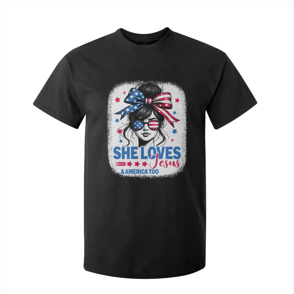 She Loves Jesus And America Too T Shirt For Kid Christian 4th of July Messy Bun Flag TS10 Black Print Your Wear