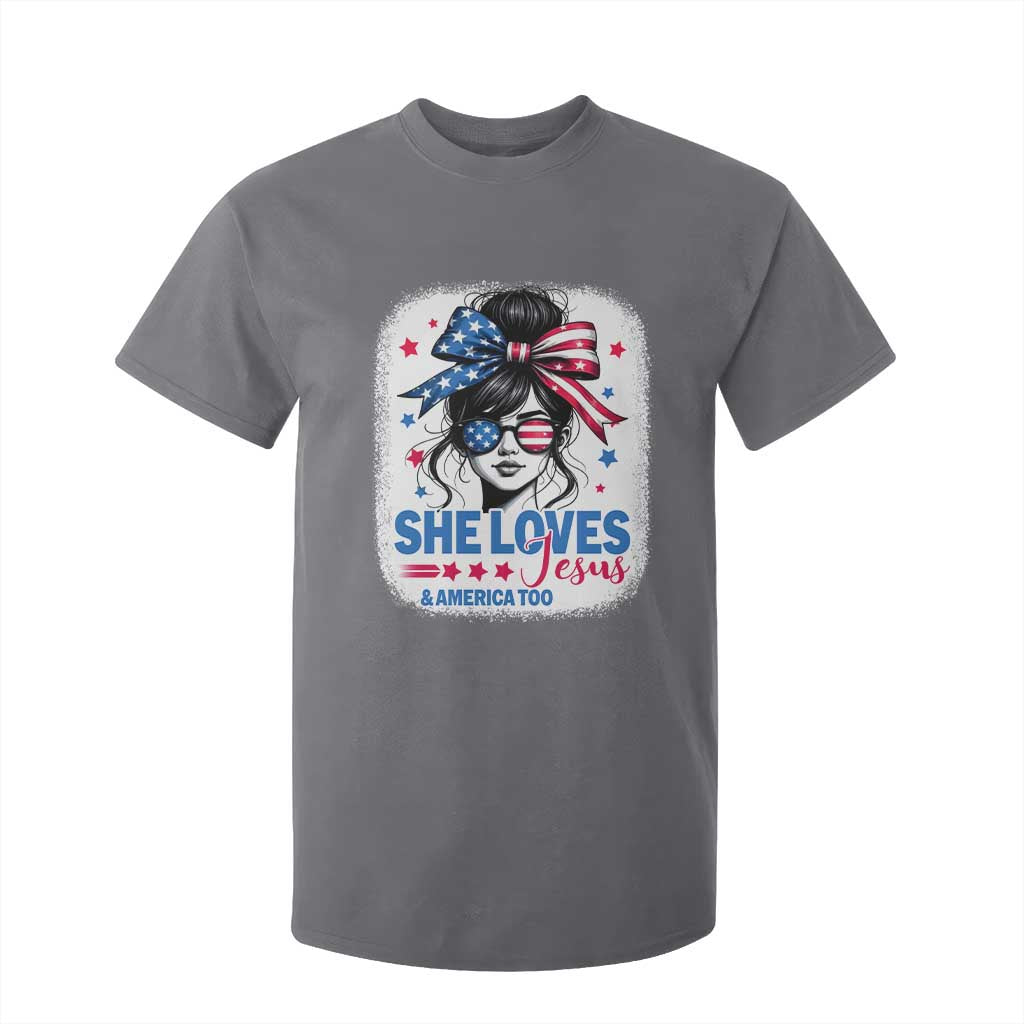 She Loves Jesus And America Too T Shirt For Kid Christian 4th of July Messy Bun Flag TS10 Charcoal Print Your Wear