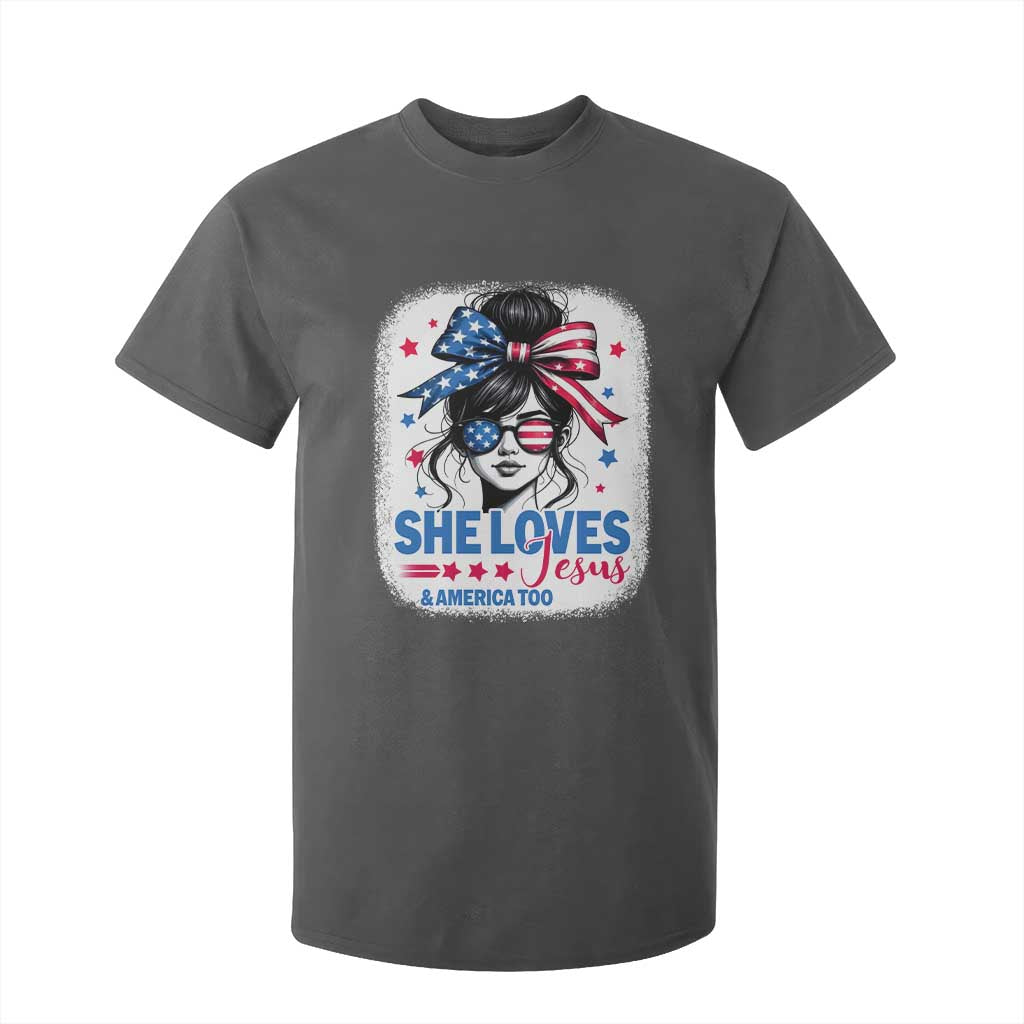 She Loves Jesus And America Too T Shirt For Kid Christian 4th of July Messy Bun Flag TS10 Dark Heather Print Your Wear