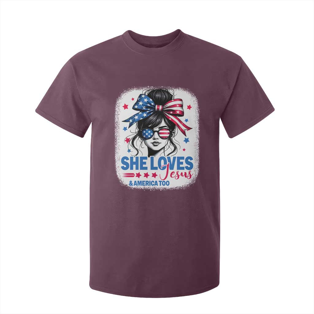 She Loves Jesus And America Too T Shirt For Kid Christian 4th of July Messy Bun Flag TS10 Maroon Print Your Wear