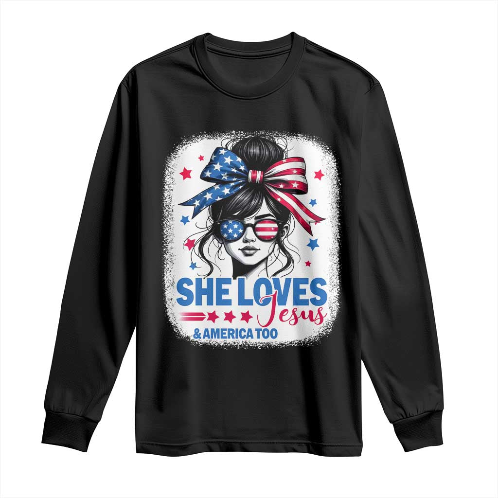 She Loves Jesus And America Too Long Sleeve Shirt Christian 4th of July Messy Bun Flag TS10 Black Print Your Wear