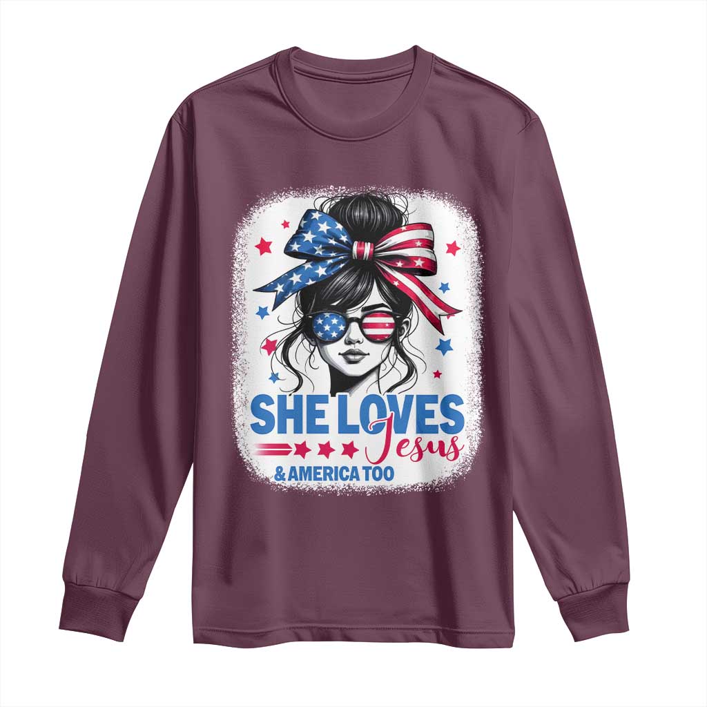 She Loves Jesus And America Too Long Sleeve Shirt Christian 4th of July Messy Bun Flag TS10 Maroon Print Your Wear