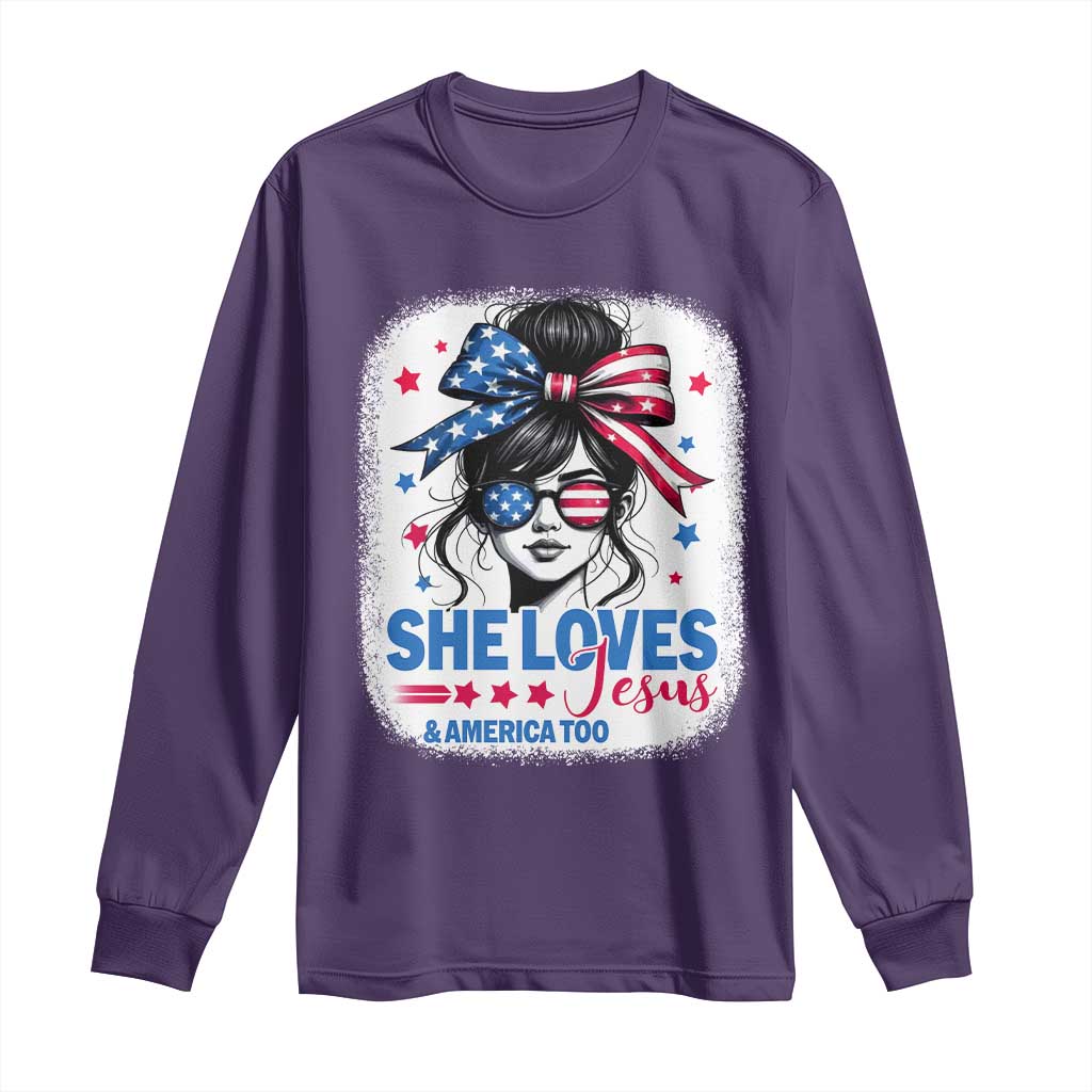 She Loves Jesus And America Too Long Sleeve Shirt Christian 4th of July Messy Bun Flag TS10 Purple Print Your Wear