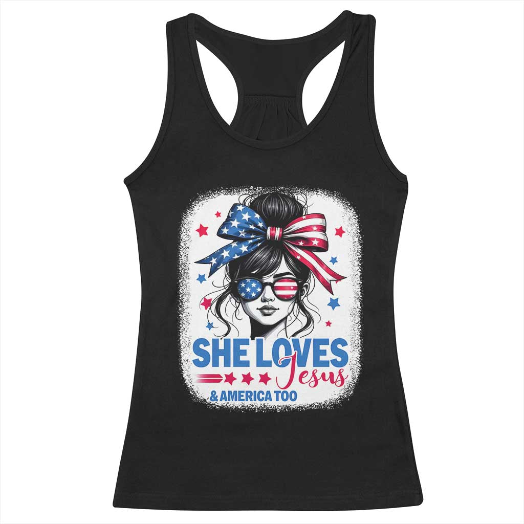 She Loves Jesus And America Too Racerback Tank Top Christian 4th of July Messy Bun Flag TS10 Black Print Your Wear