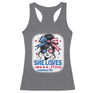 She Loves Jesus And America Too Racerback Tank Top Christian 4th of July Messy Bun Flag TS10 Charcoal Print Your Wear