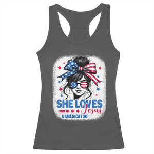 She Loves Jesus And America Too Racerback Tank Top Christian 4th of July Messy Bun Flag TS10 Dark Heather Print Your Wear
