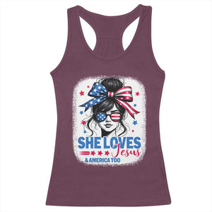 She Loves Jesus And America Too Racerback Tank Top Christian 4th of July Messy Bun Flag TS10 Maroon Print Your Wear