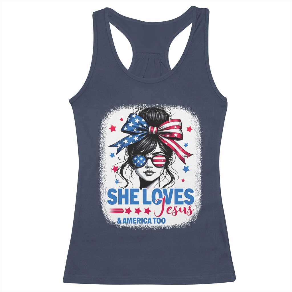 She Loves Jesus And America Too Racerback Tank Top Christian 4th of July Messy Bun Flag TS10 Navy Print Your Wear