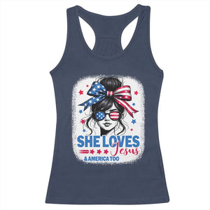 She Loves Jesus And America Too Racerback Tank Top Christian 4th of July Messy Bun Flag TS10 Navy Print Your Wear