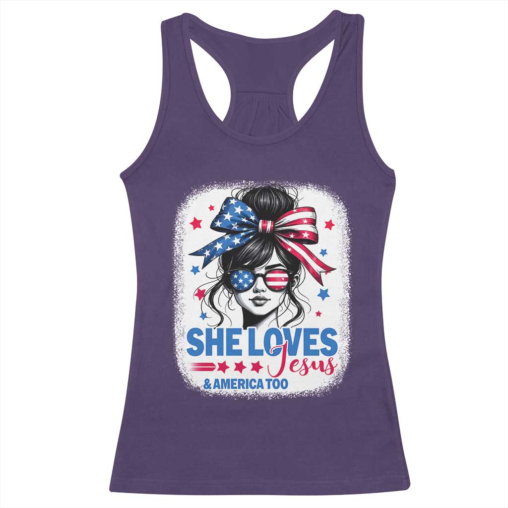 She Loves Jesus And America Too Racerback Tank Top Christian 4th of July Messy Bun Flag TS10 Purple Print Your Wear