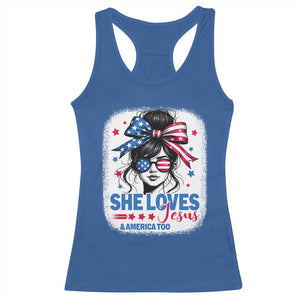 She Loves Jesus And America Too Racerback Tank Top Christian 4th of July Messy Bun Flag TS10 Royal Blue Print Your Wear