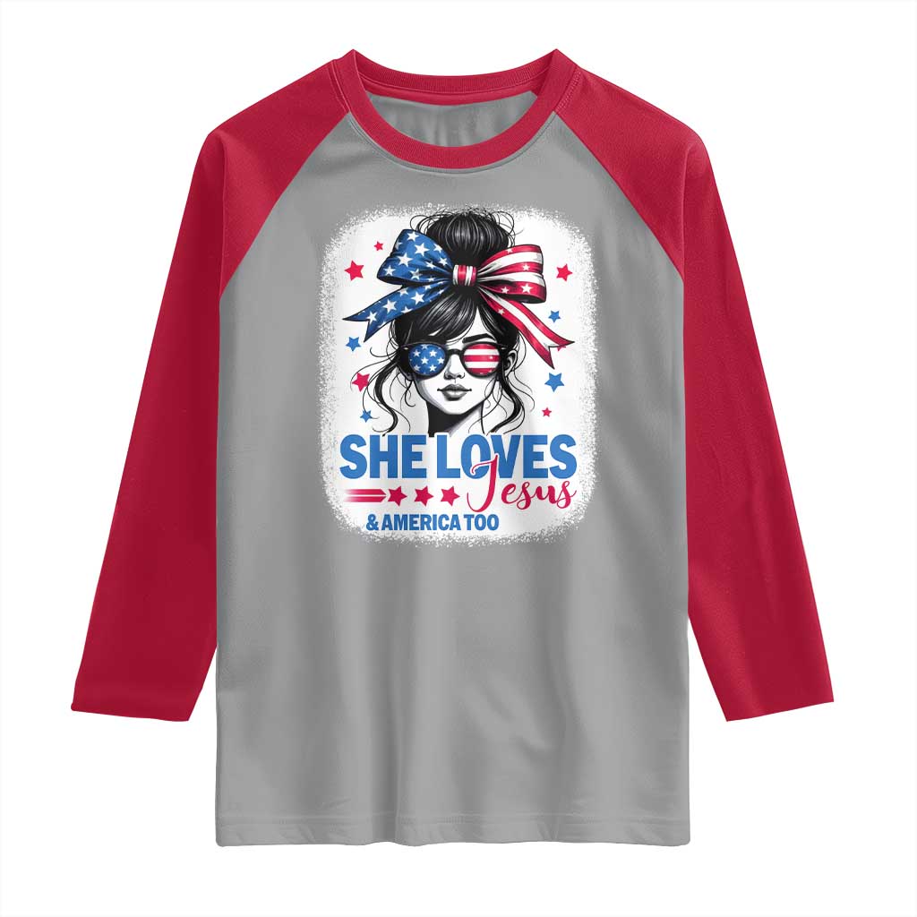 She Loves Jesus And America Too Raglan Shirt Christian 4th of July Messy Bun Flag TS10 Sport Gray Red Print Your Wear