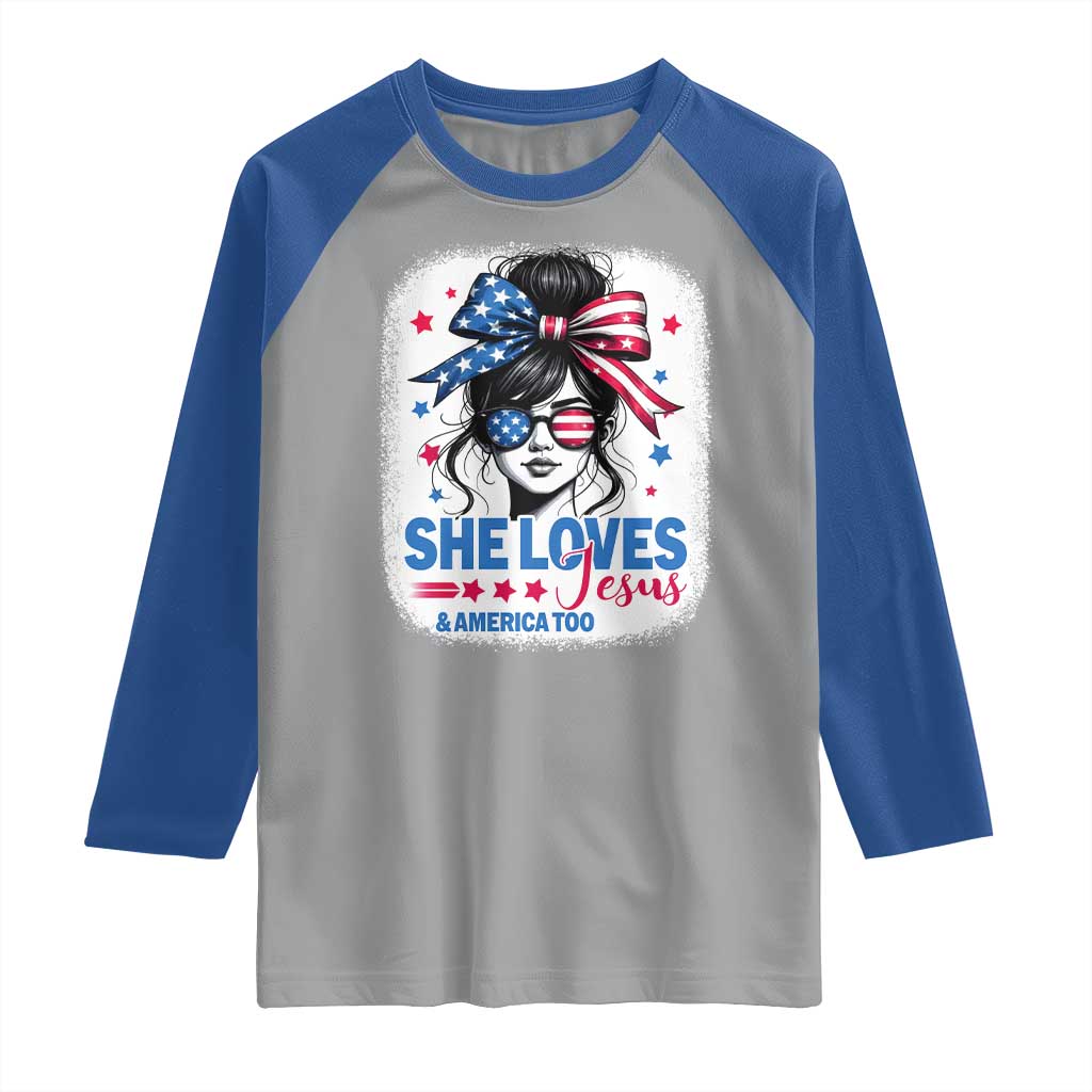 She Loves Jesus And America Too Raglan Shirt Christian 4th of July Messy Bun Flag TS10 Sport Gray Royal Print Your Wear
