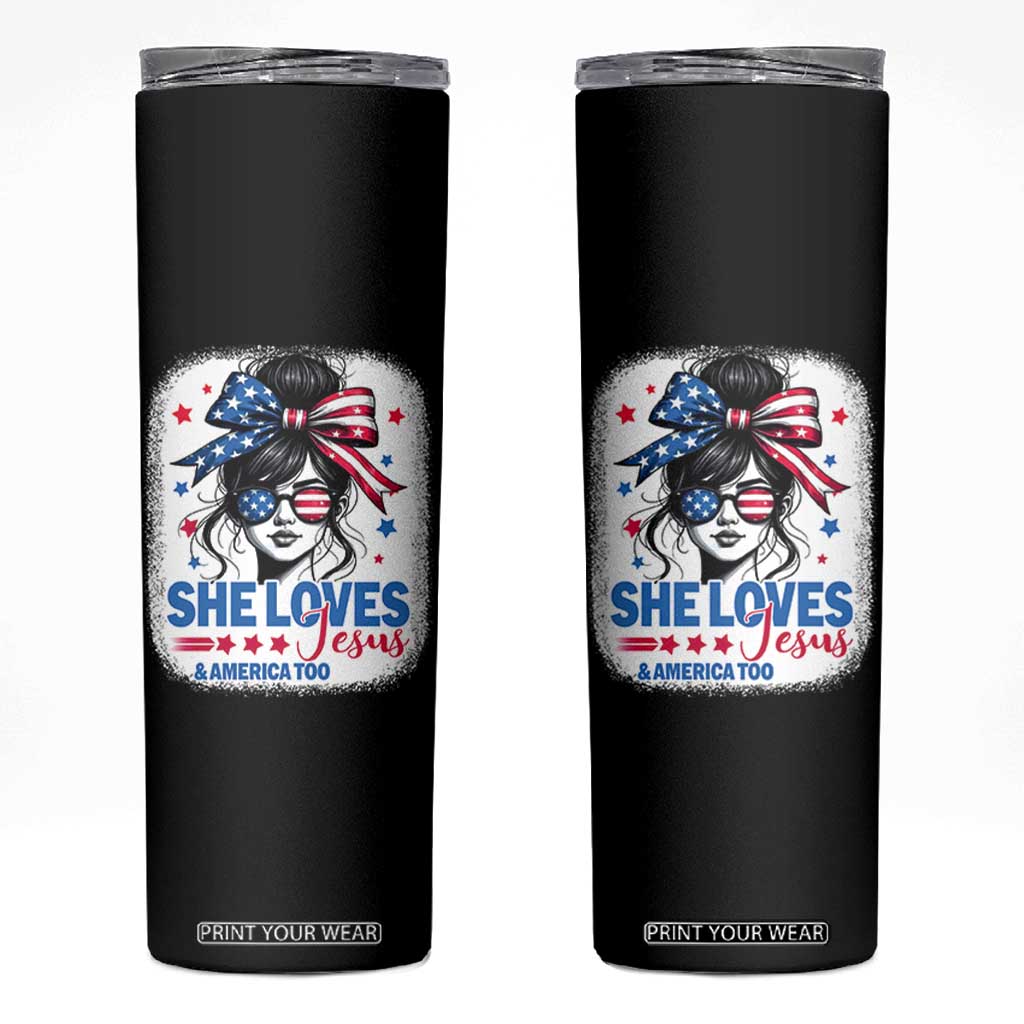 She Loves Jesus And America Too Skinny Tumbler Christian 4th of July Messy Bun Flag TS10 Black Print Your Wear
